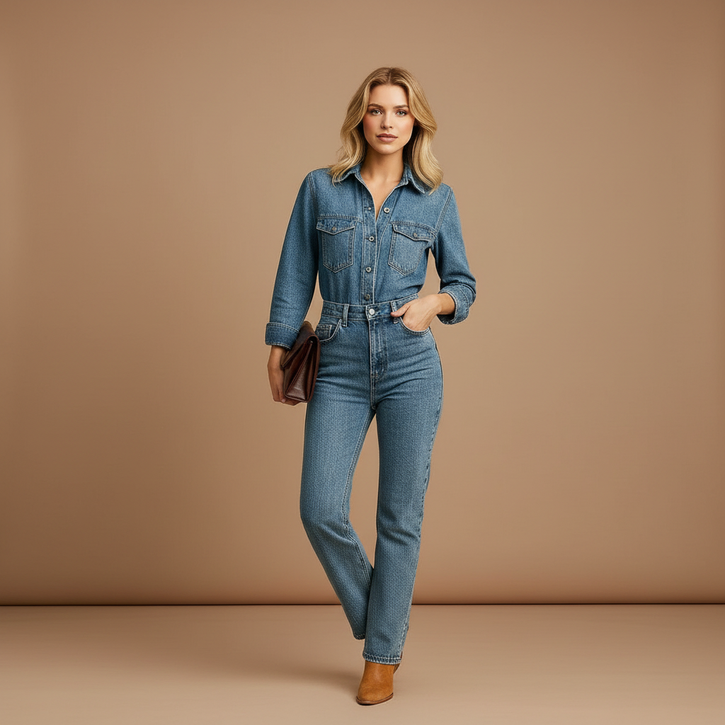 Women’s Long Sleeve Denim Jumpsuit with Straight Leg Design