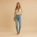 Women’s Long Sleeve Butterfly Pattern Blouse with Ruffle Detail