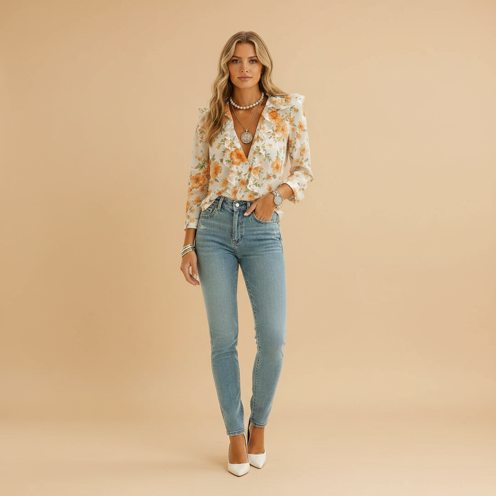 Women’s Long Sleeve Butterfly Pattern Blouse with Ruffle Detail