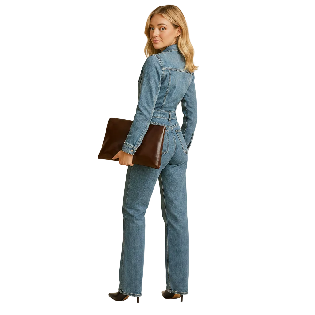 Women’s Long Sleeve Denim Jumpsuit with Straight Leg Design