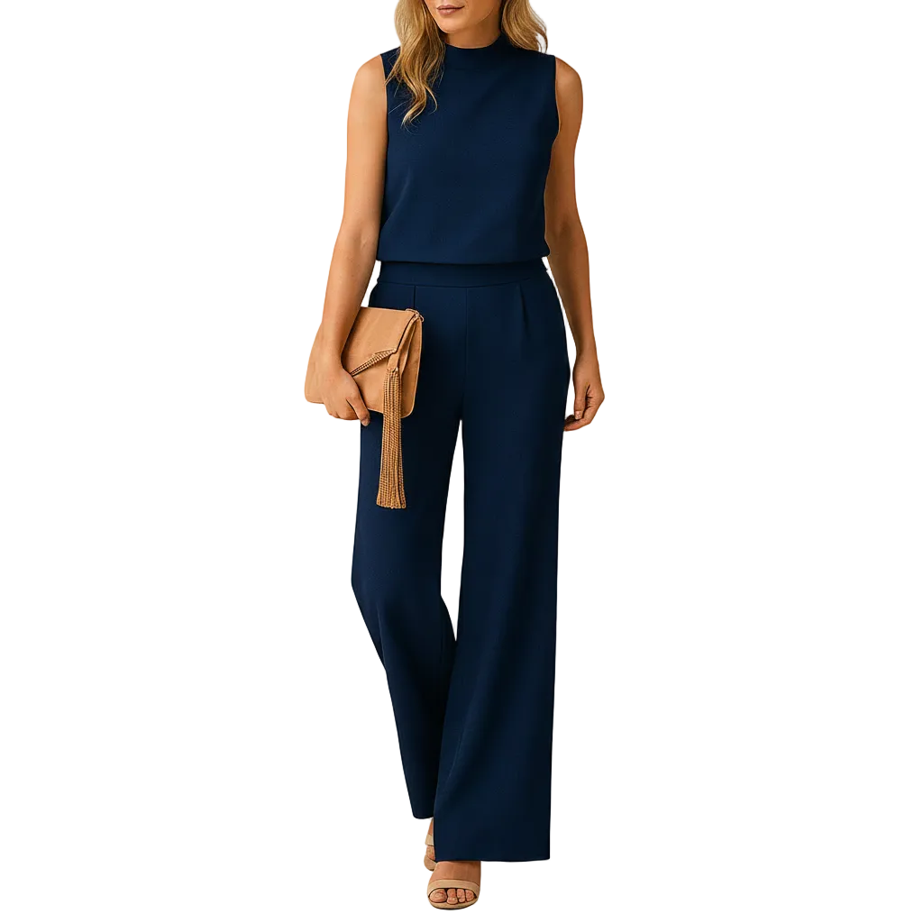 Round Neck Wide Leg Jumpsuit for Women with Flowing Fit