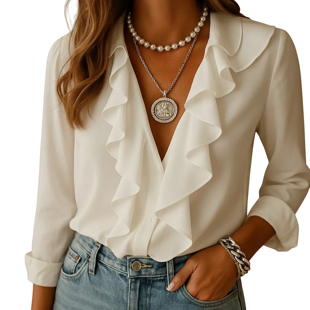 Women’s Long Sleeve Butterfly Pattern Blouse with Ruffle Detail