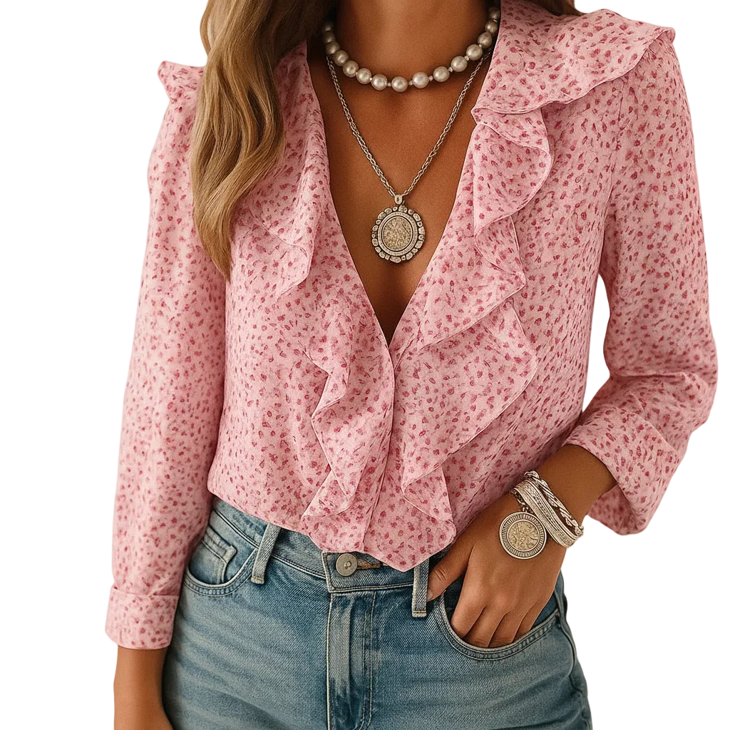 Women’s Long Sleeve Butterfly Pattern Blouse with Ruffle Detail