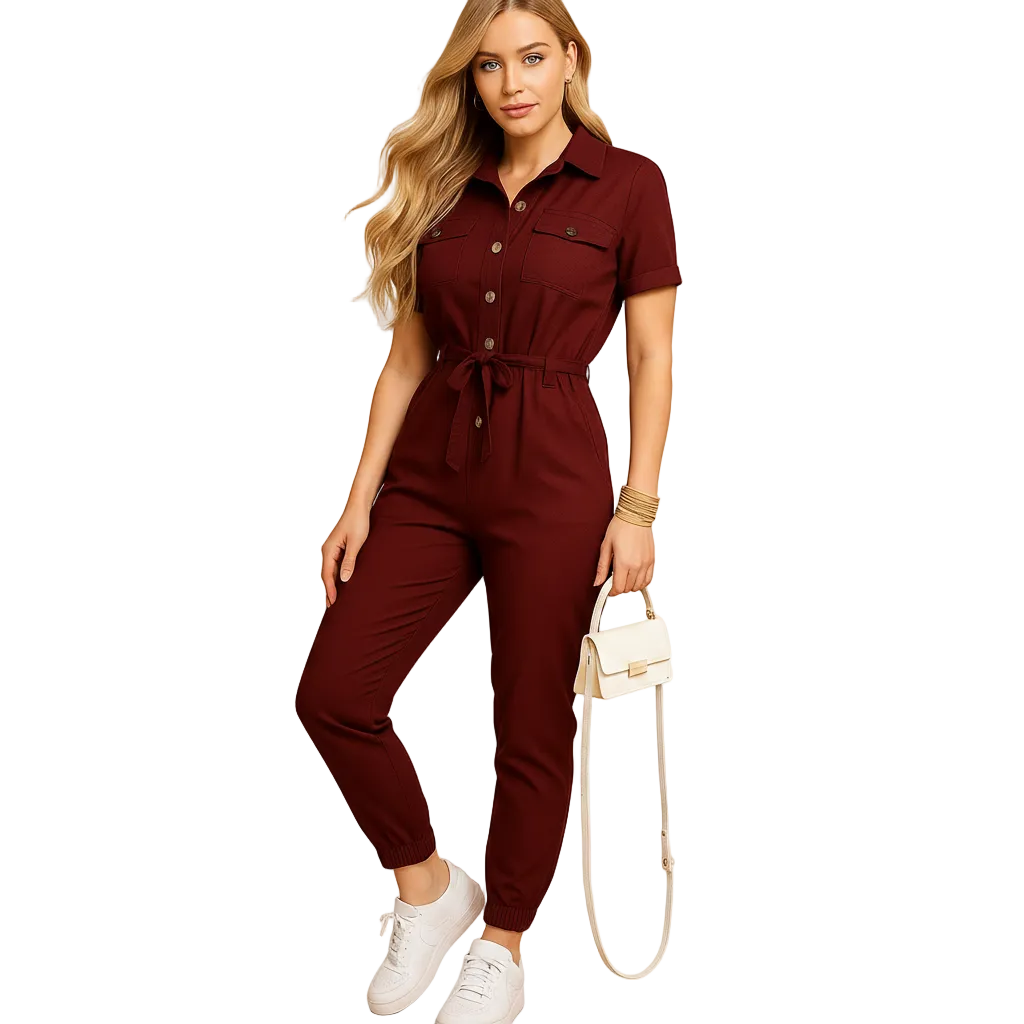 Slim Fit Button Front Jumpsuit for Women with Structured Shape