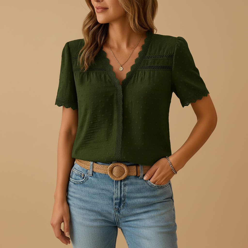 Women’s V Neck Blouse with Lace Accent and Soft Texture