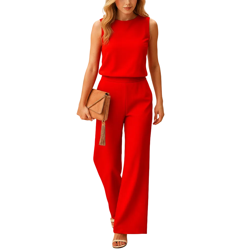 Round Neck Wide Leg Jumpsuit for Women with Flowing Fit