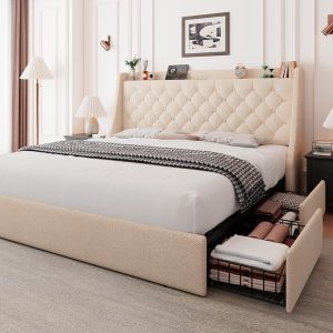 A super-large bed frame with storage drawers, equipped with a charging station and a fringed wing-style storage headboard. No need for a spring bed frame. Easy to assemble. In beige color scheme.