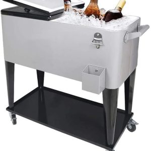80 Quart Rolling Cooler Cart for Outdoor Patio Deck Party, Portable Party Bar Cold Drink Beverage Cart