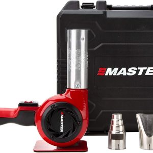 Industrial hot air gun kit, quick replacement of plug-in heating elements, adjustable temperature, voltage 120 volts, power 1740 watts, current 14.5 amps, assembled in the United States.