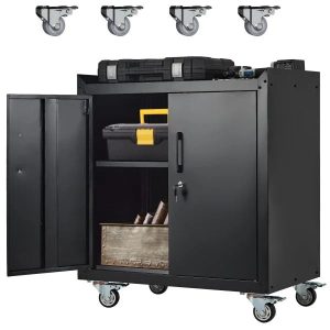 Garage Storage Cabinet with Wheels, 2 Door Tool Cabinet with Adjustable Shelves, Metal Lockable Tool Cabinet, Rolling Tool Chest for Home, 34 H x 30.3 L x 18 W, Assembly Required