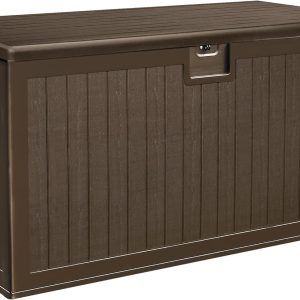 150-gallon double-tiered storage box, equipped with partitions and side handles, suitable for outdoor large storage purposes, can hold patio furniture cushions and garden pool accessories, waterproof and lockable.