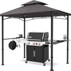 Bar pavilion-style outdoor barbecue shelter 8 feet by 5 feet, double-layer outdoor barbecue shelter canopy with LED lights (gray)