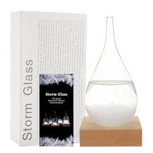Storm Glass Weather Predictor Teardrop Crystal Display with Wood Base